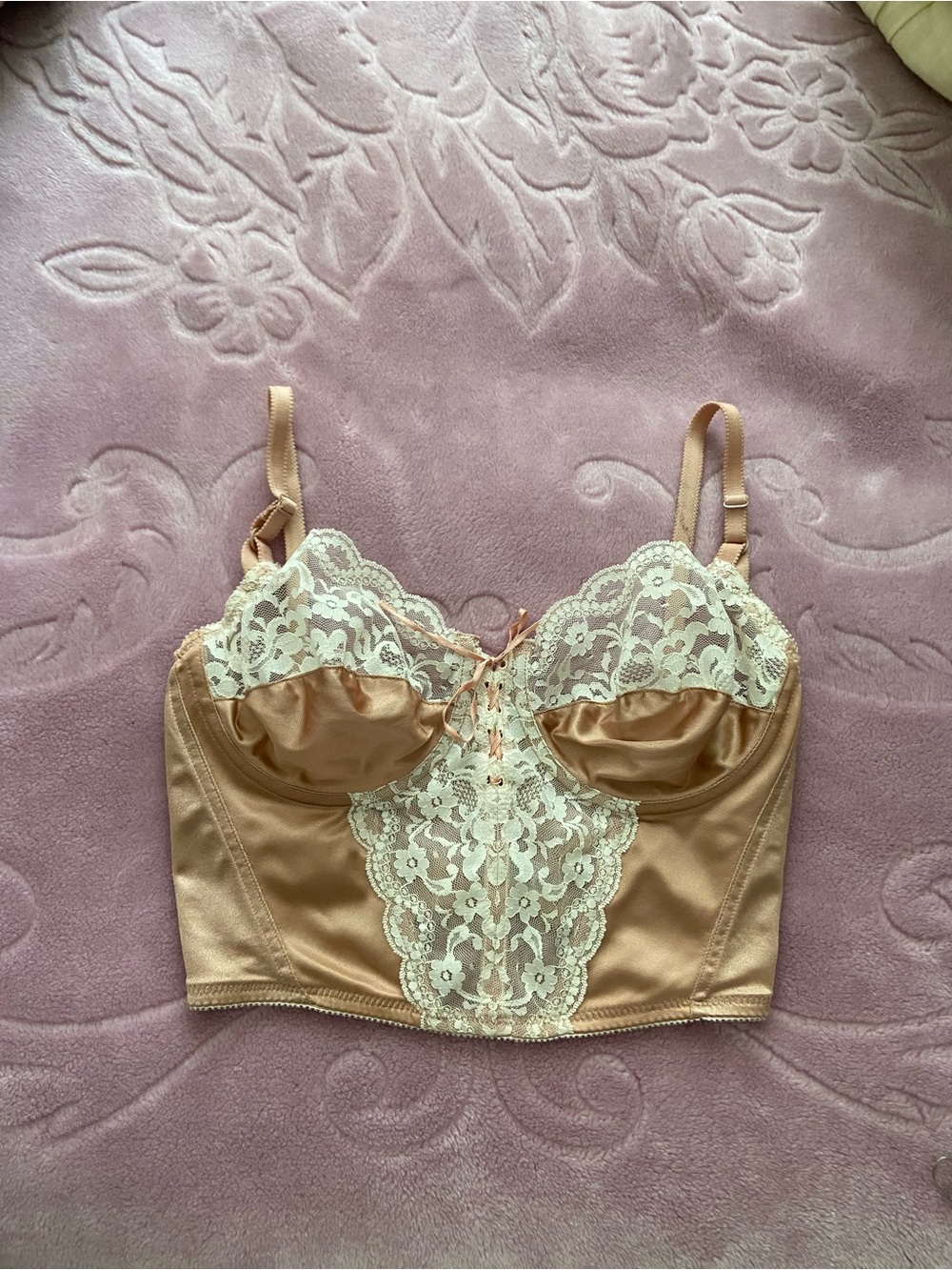 Vintage 1950s-1970 Champagne Satin and Ivory Lace bustier